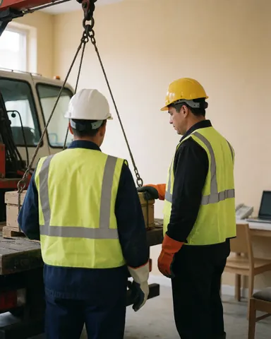 Two workers in hard hats and vests watch a crane lower a wooden crate onto a pallet in an industrial setting.