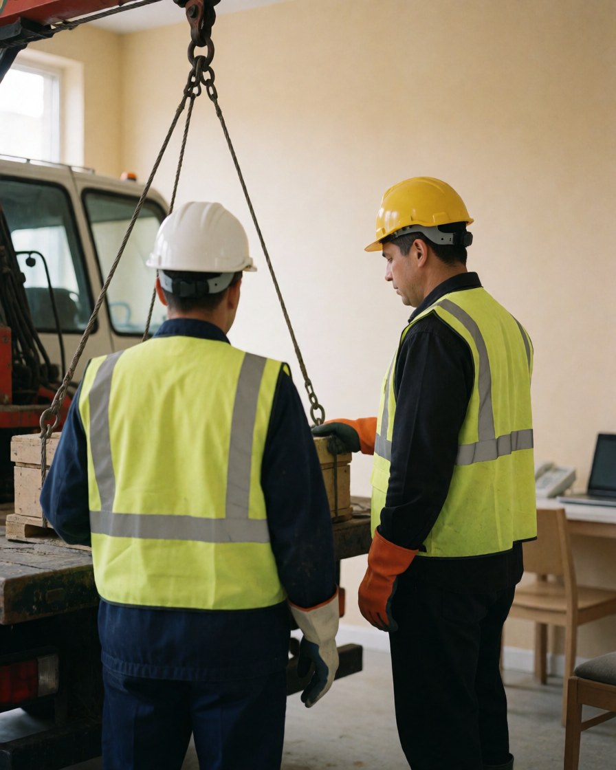 Two workers in hard hats and vests watch a crane lower a wooden crate onto a pallet in an industrial setting.