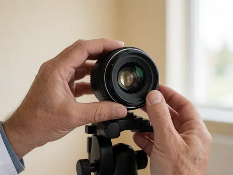 Close-up of hands attaching a camera lens to a tripod against a beige wall with soft diffused light for event photography preparation