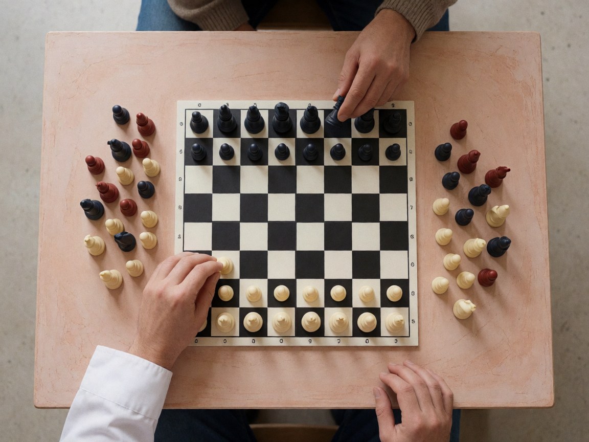 Close-up of hands moving chess pieces on a black and white board placed on a wooden table, highlighting strategy and education.