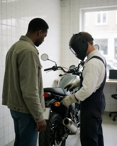 Mechanic wearing a welding helmet inspects a motorcycle exhaust system in a workshop with white tiled walls and natural light.