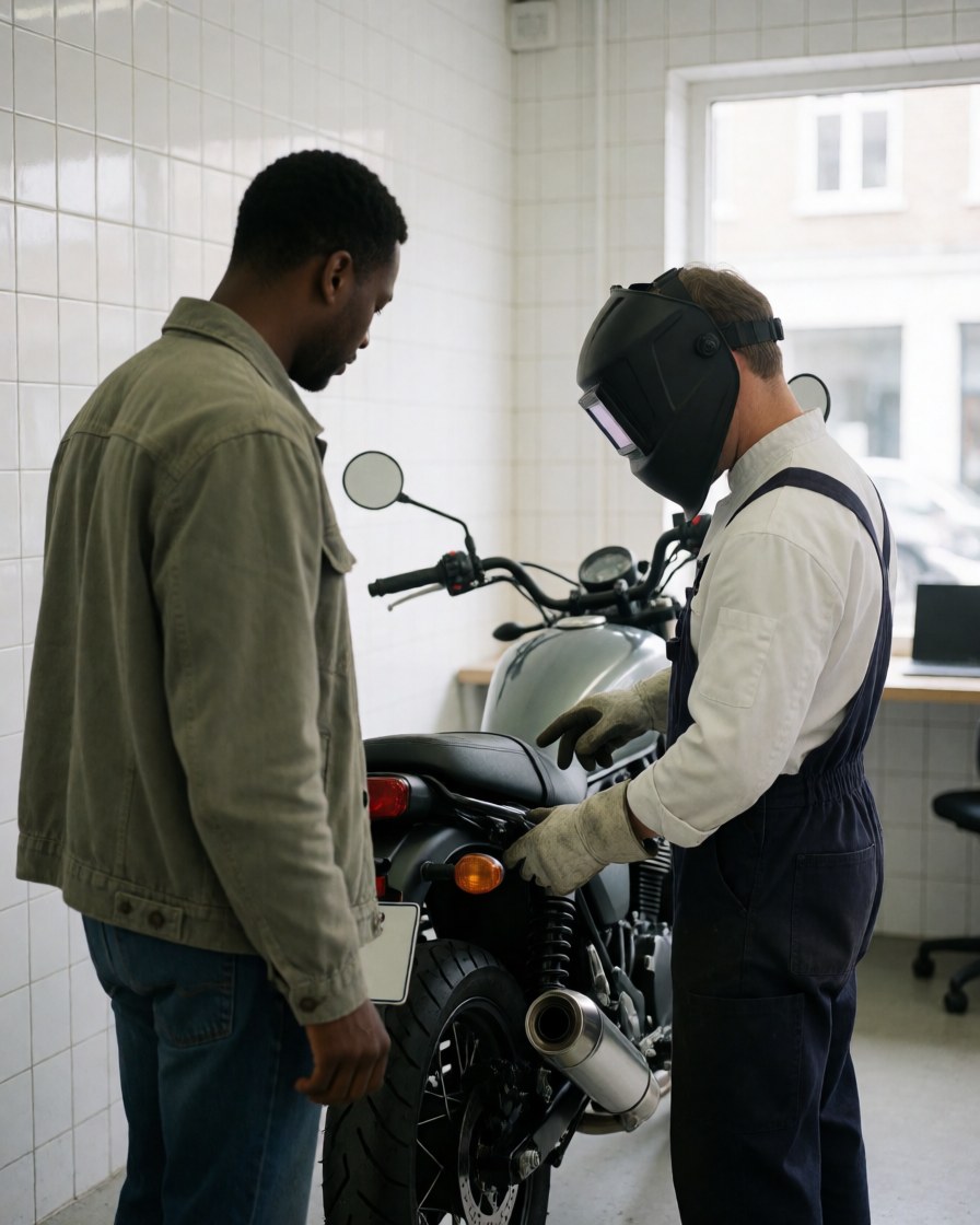 Mechanic wearing a welding helmet inspects a motorcycle exhaust system in a workshop with white tiled walls and natural light.