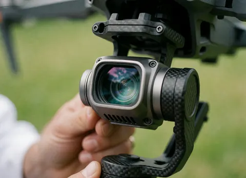 Thermal drone lens mounted on a carbon gimbal held by a hand with blurred green grass in the background