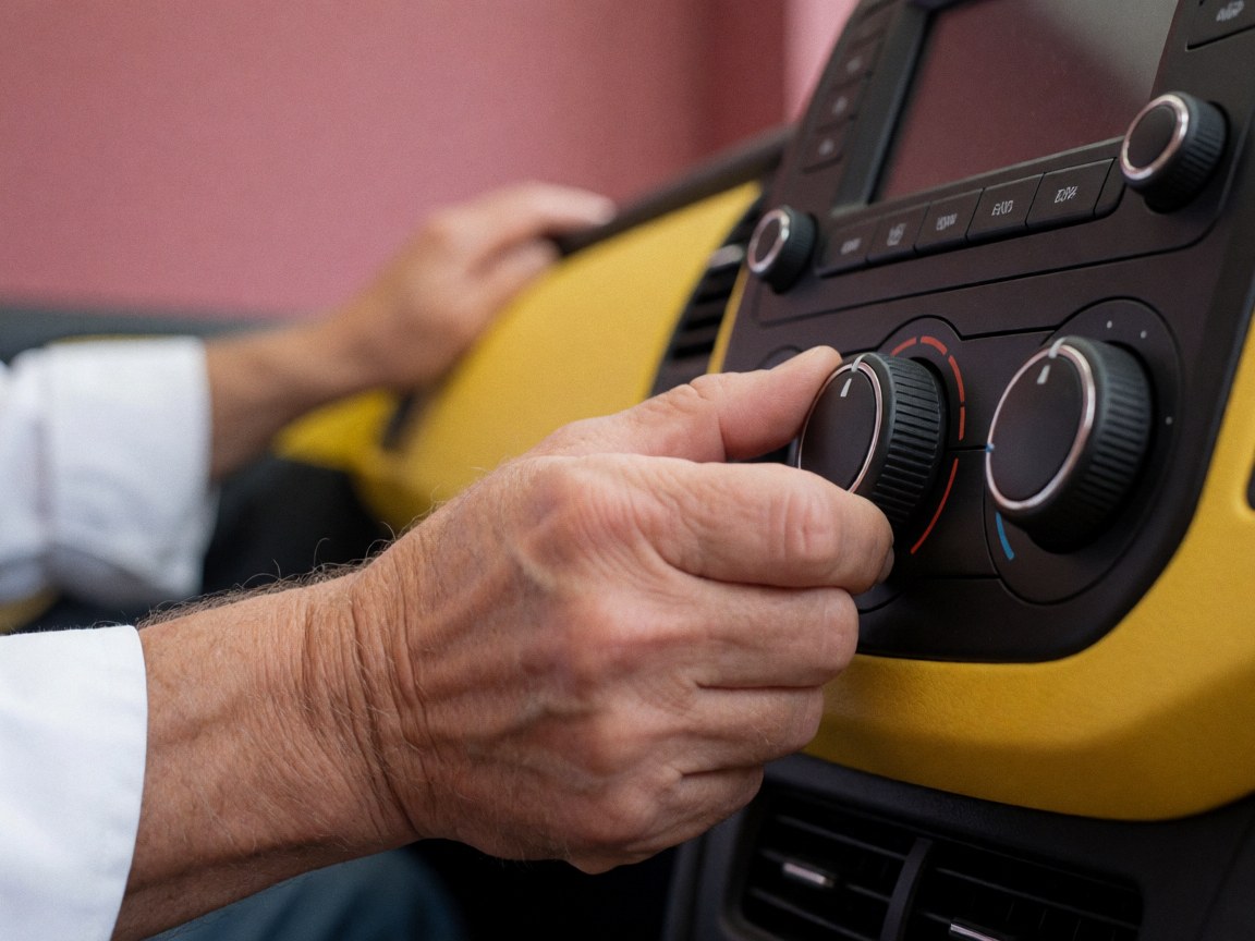 Close-up of an adult hand turning the temperature dial on a yellow taxi console with a pink wall in the background