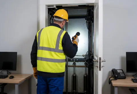 Technician in safety gear uses a flashlight to inspect the internal mechanisms and gray walls of an elevator shaft during maintenance.