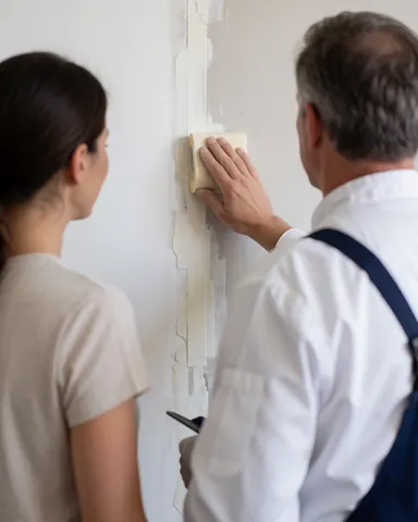 Close-up of a hand using a trowel to apply joint compound over paper tape on a wall during repair work