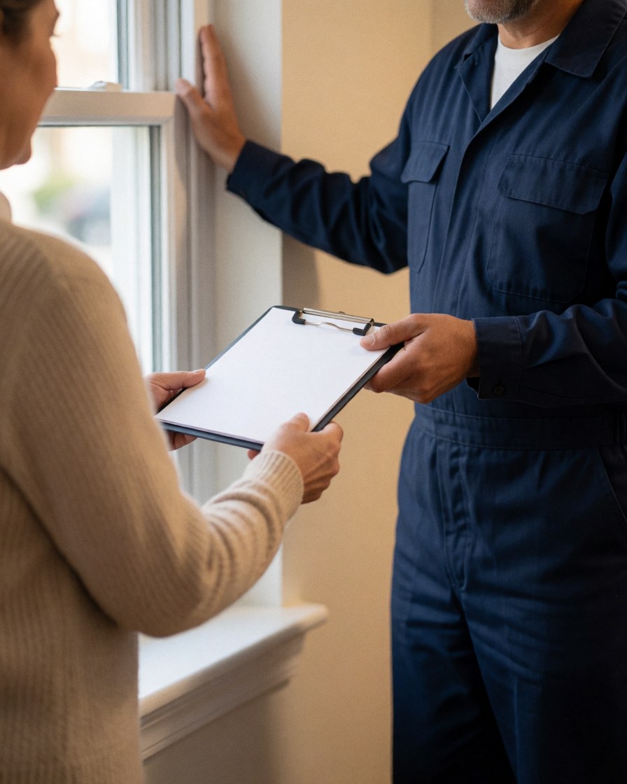 Technician in blue uniform hands clipboard to customer beside newly installed window with warm lighting and blurred background