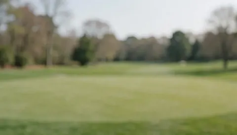 Out of focus golf course background with green grass and distant trees, ideal for overlaying advertising text.