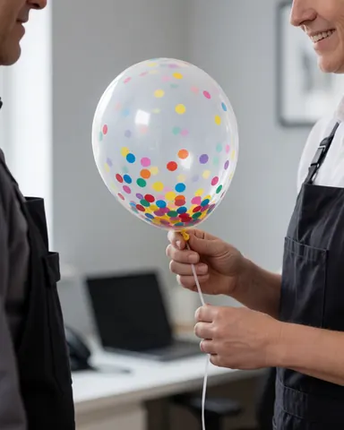 Event professional hands a clear confetti balloon to a smiling client in an office with light gray walls