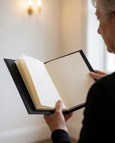 Wedding photographer presenting a blank photo album to a client in an elegant room with white walls and warm lighting