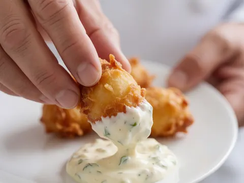 A hand holding a fried conch shell with sauce, showing a crispy texture on a white plate, ideal for tropical resort dining.