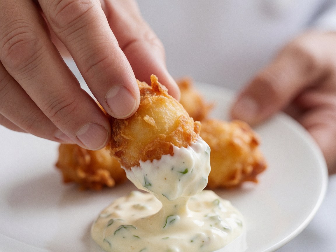 A hand holding a fried conch shell with sauce, showing a crispy texture on a white plate, ideal for tropical resort dining.