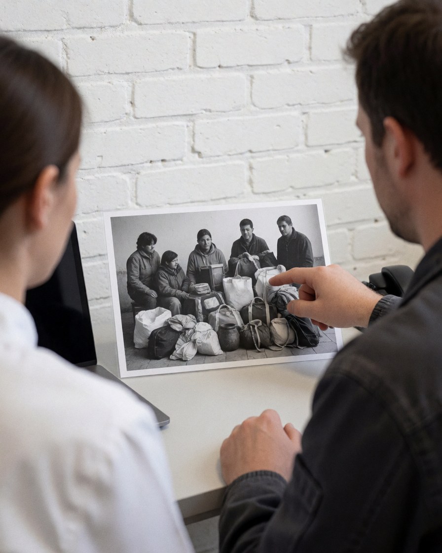 A happy client reviews a black and white photo of migrants on a table, pointing at a detail against a white brick wall.