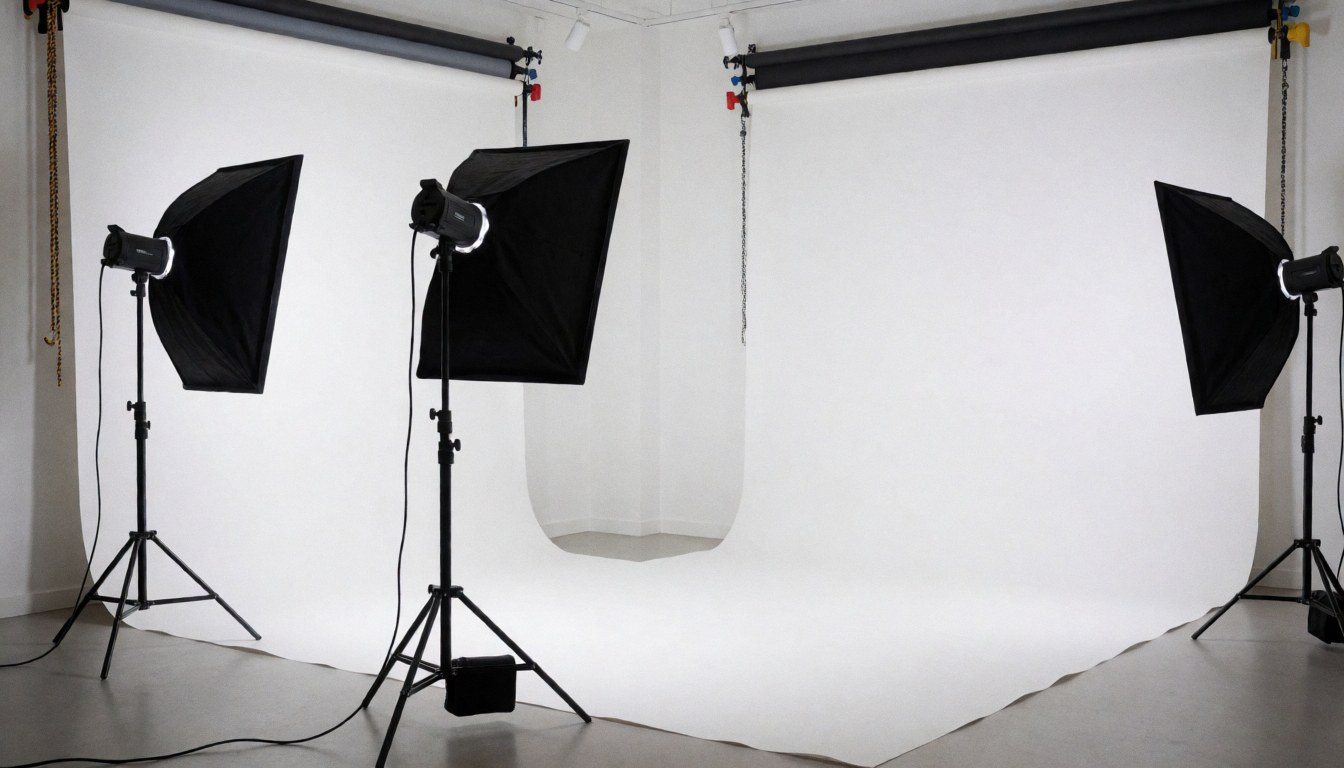 Professional photo studio with white background and three lighting stands ready for portrait sessions