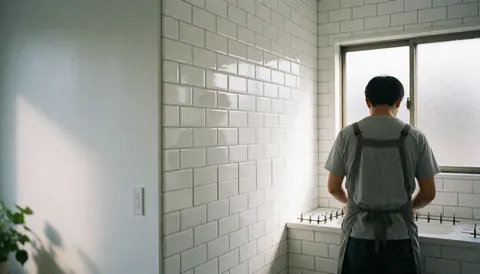 Professional tiler placing white ceramic tiles on a bathroom wall with natural light and copy space