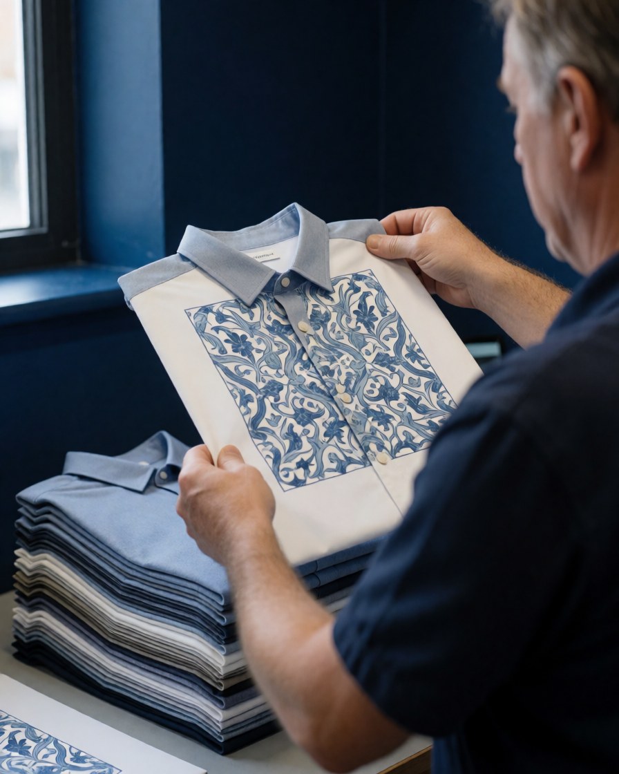 A worker inspects a blue printed shirt over a pile of shirts in a workshop with blue walls.