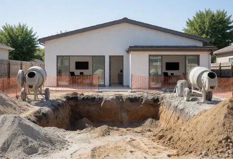 Excavated hole for a swimming pool surrounded by orange safety fencing with concrete mixers on a construction site