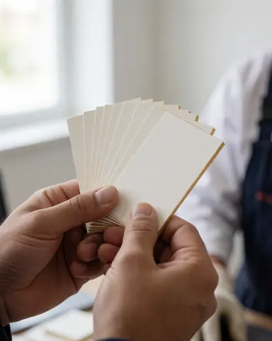 Hands displaying printed cards with gold borders against a blurred workshop background with natural light