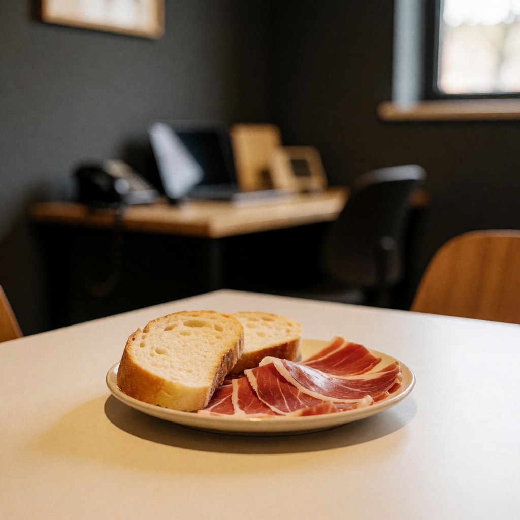 Slices of Iberian ham and fresh bread arranged on a white plate set on a table with gray walls, ideal for Spanish class materials.