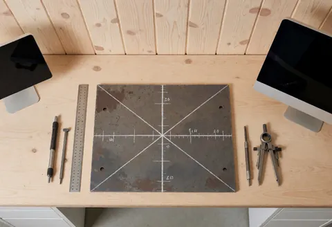 Industrial preparation scene featuring a marked steel plate, ruler, dividers, and wooden wall for a welding workshop.