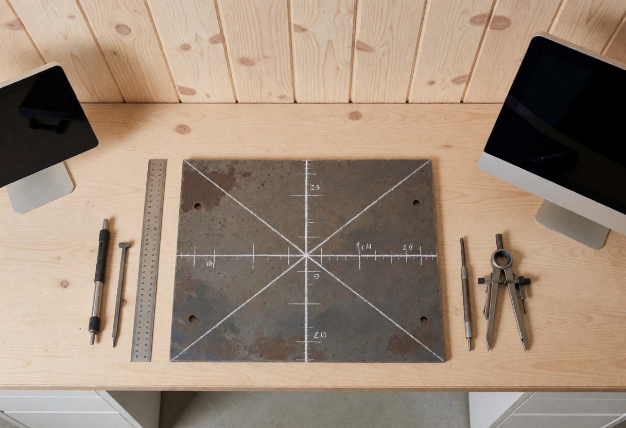 Industrial preparation scene featuring a marked steel plate, ruler, dividers, and wooden wall for a welding workshop.