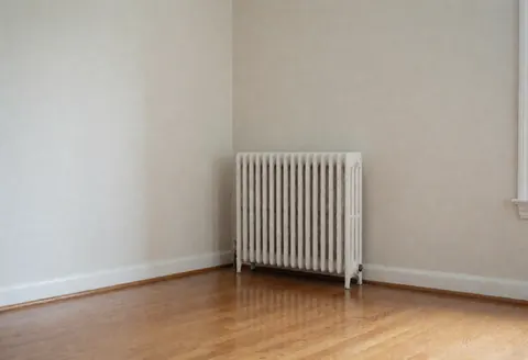 White radiator in the corner of a room with neutral walls and wooden flooring, suitable for boiler repair services.