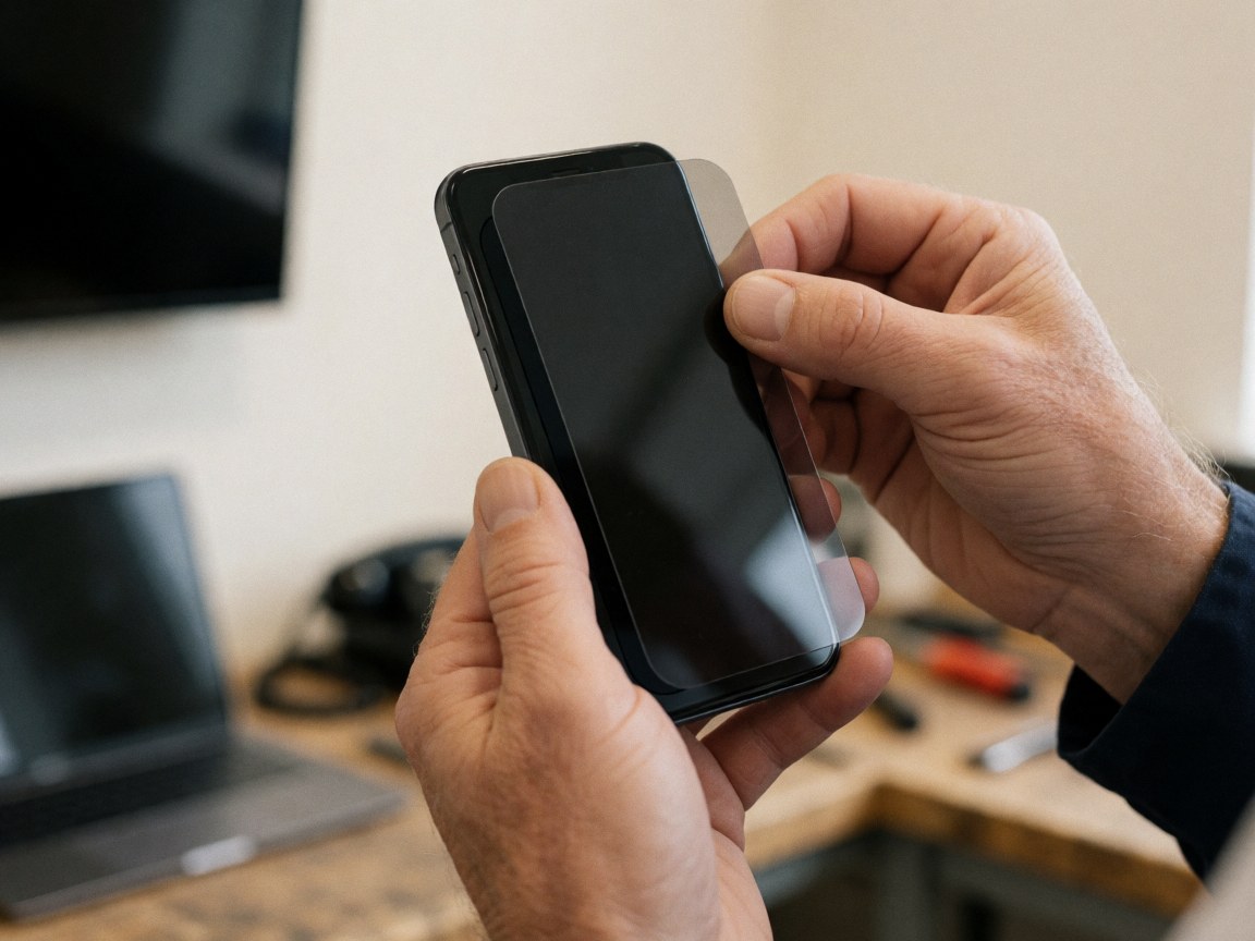 Close-up of hands carefully applying a privacy filter to a smartphone screen in a repair workshop with tools visible in the background
