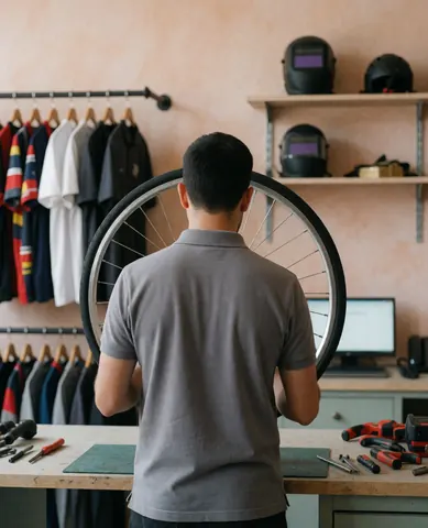 Cycling coach inspecting a bicycle wheel in a workshop with tools and helmets visible