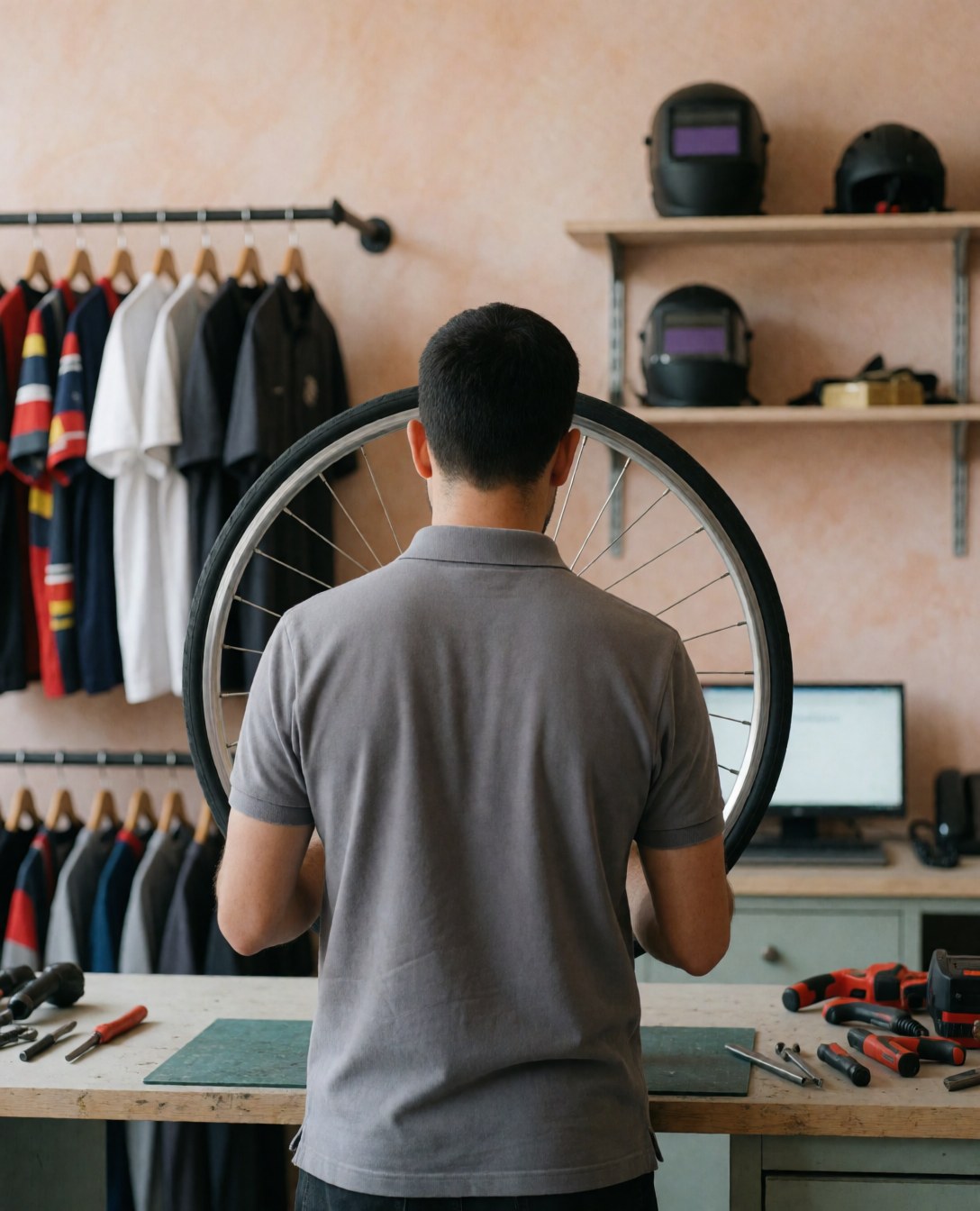 Cycling coach inspecting a bicycle wheel in a workshop with tools and helmets visible