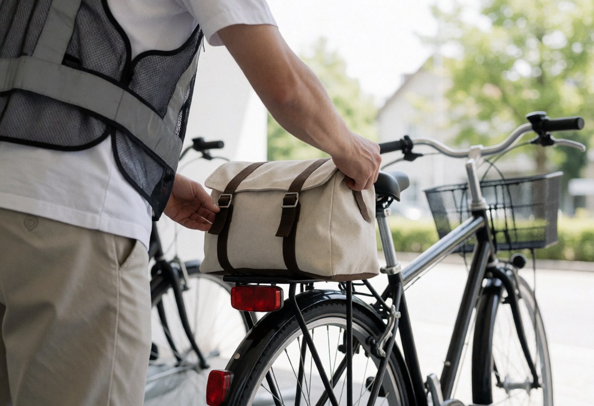 Cyclist wearing a reflective vest adjusts a fabric bag on the rear rack of a bicycle in a quiet parking area, preparing for bike taxi service.
