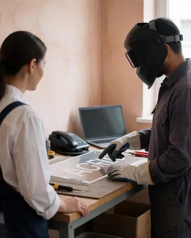 A worker wearing a welding helmet and gloves inspects an acrylic sign at a workbench in a print shop.
