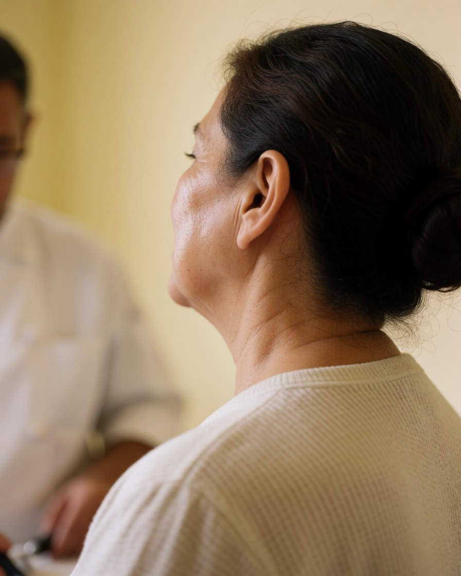 Close-up of a woman's neck showing hydrated, glowing skin with a blurred professional in the background of a relaxed spa setting.
