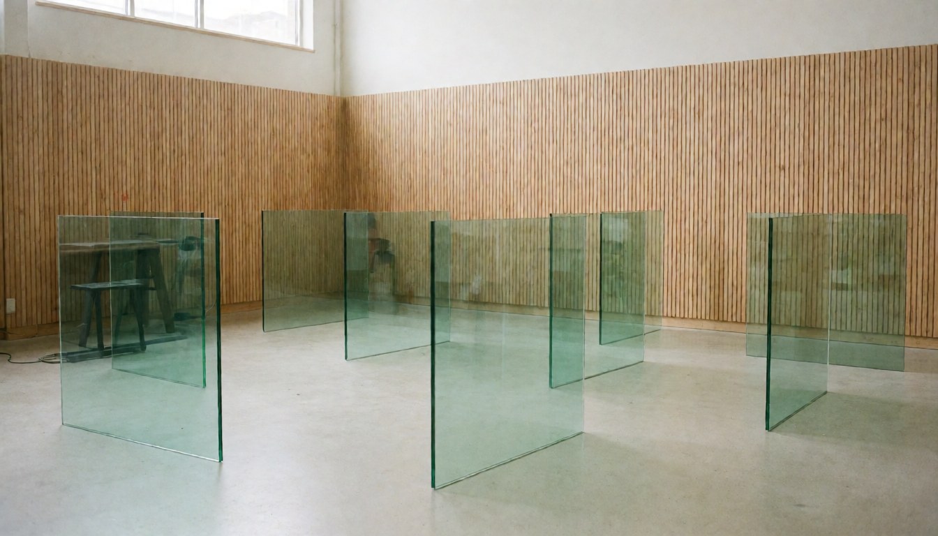Standing tempered glass panels in a workshop with wooden walls and concrete floor, illuminated by natural light, ideal for a window repair business.