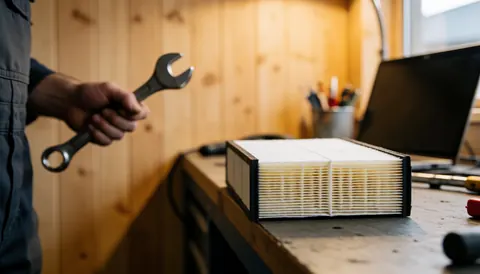 New air filter placed on a wooden workbench in a mechanic shop with a hand holding a wrench nearby