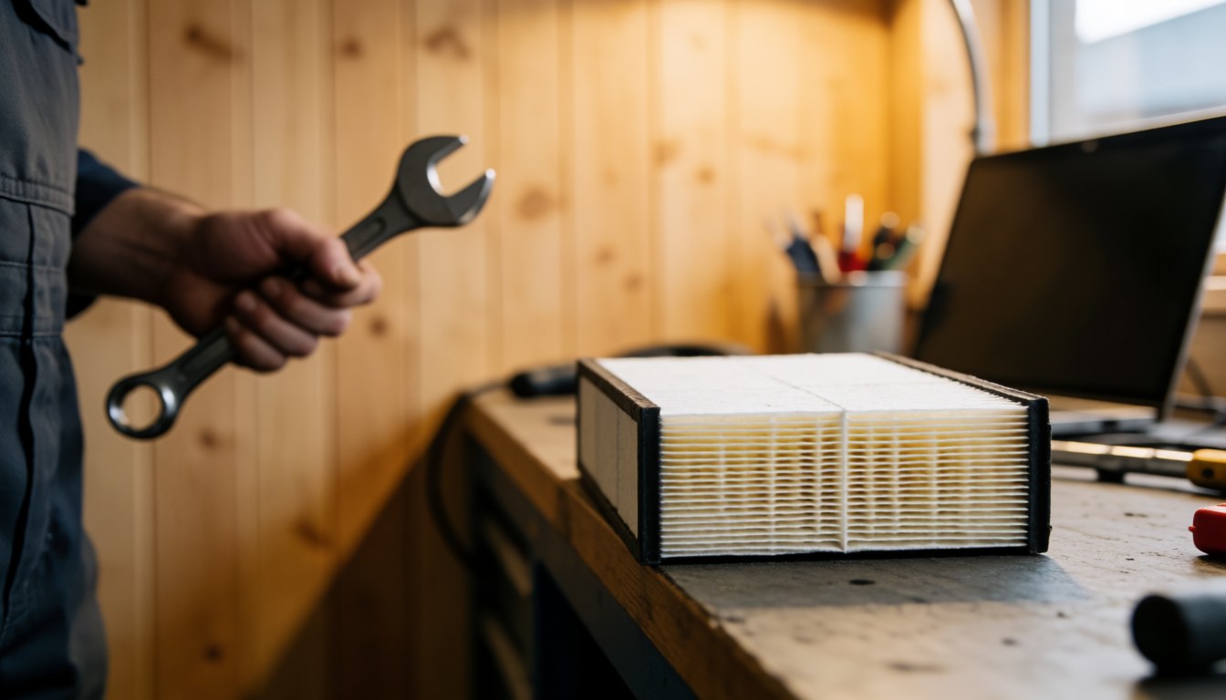 New air filter placed on a wooden workbench in a mechanic shop with a hand holding a wrench nearby
