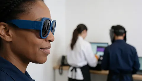 A woman wearing blue character-themed glasses stands in an indoor amusement facility with white walls and staff in the background.