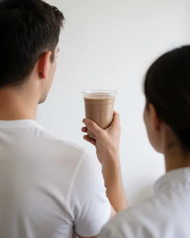 A smiling man holding a shake with a white wall background in a fitness center