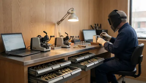 A locksmith works with precision in a workshop, using cutting machines and bronze keys on a light wooden table.