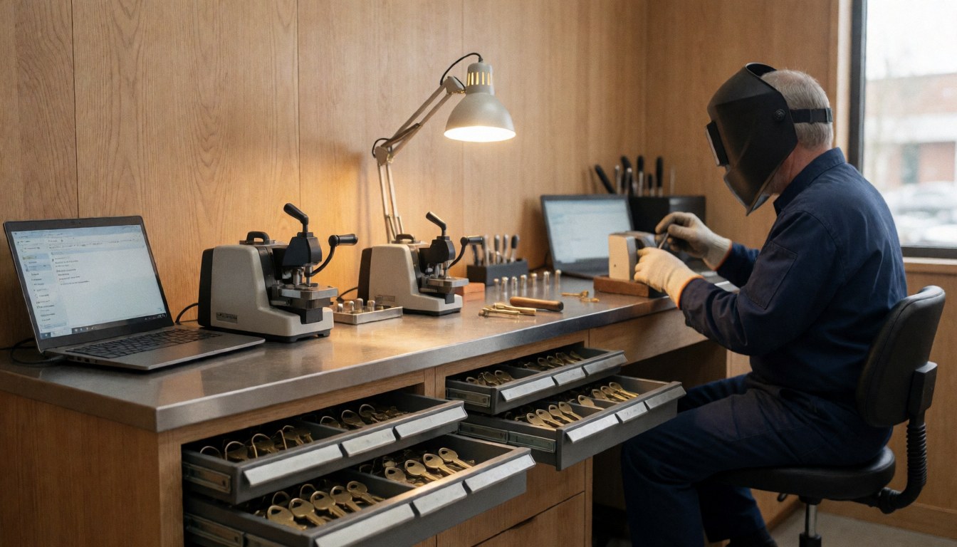 A locksmith works with precision in a workshop, using cutting machines and bronze keys on a light wooden table.