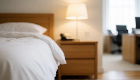 A bed with white sheets and a wooden nightstand in an apartment hotel room with warm lighting and white walls, suitable for text overlay.