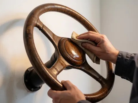 Close-up of a hand using a cloth to apply cleaning product to a vintage car steering wheel against a white wall with warm lighting.