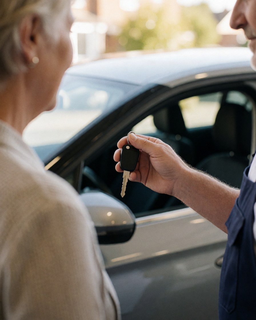 A satisfied customer receiving car keys from a salesperson in a modern automotive workshop with natural lighting