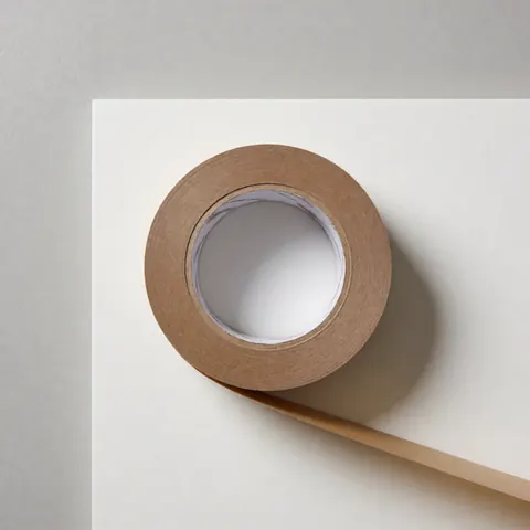 A roll of brown packing tape resting on a clean white surface with a light gray wall and soft natural lighting, suitable for freight and logistics product imagery.