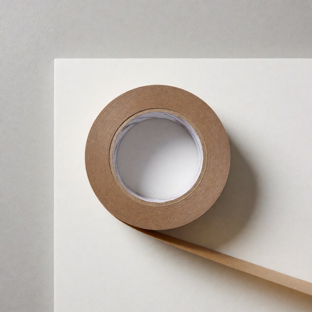 A roll of brown packing tape resting on a clean white surface with a light gray wall and soft natural lighting, suitable for freight and logistics product imagery.