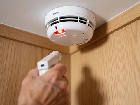 Hand holding test spray in front of white smoke detector with red light on wooden wall for security alarm repair service