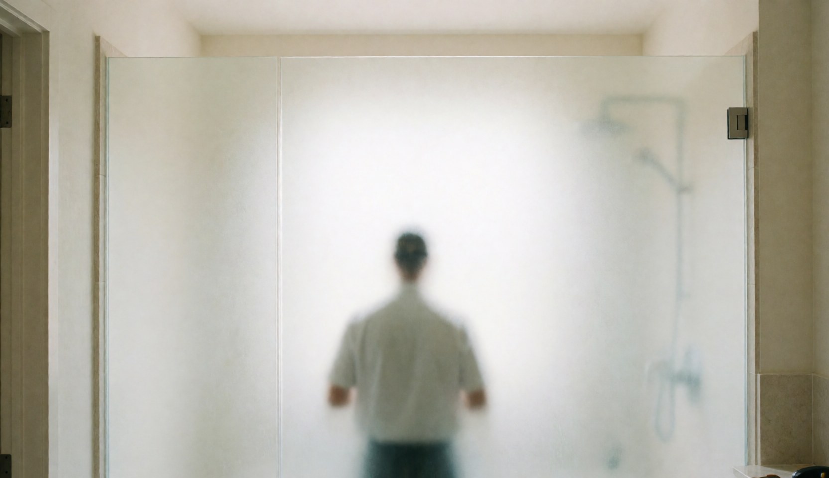 Glass installer placing an opaque glass panel in a modern bathroom with warm white walls and diffused light