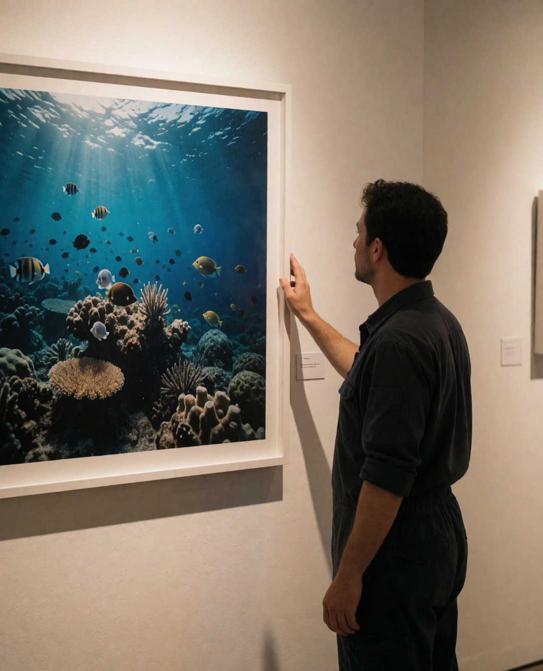 A man inspects a large framed underwater photo in a white gallery with warm lighting