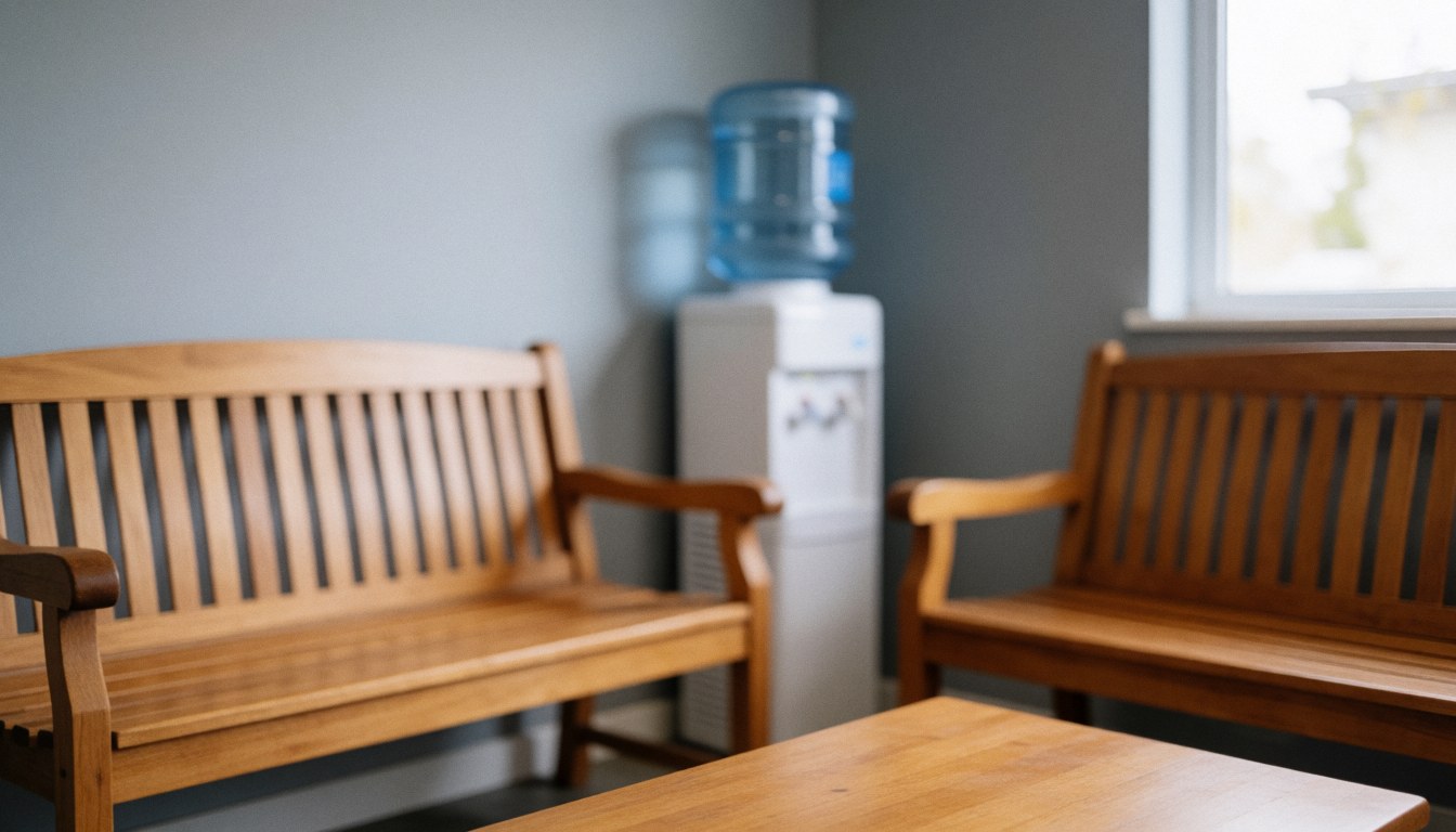 Empty waiting area featuring wooden benches, bottled water, and a gray wall, providing a clean background for text overlays.