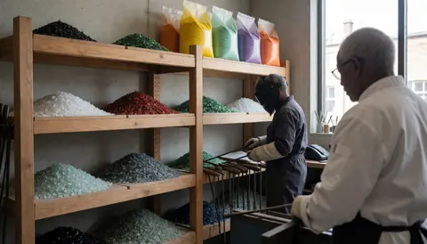 Artisan working with tools under natural light in a glassblowing workshop featuring wooden shelves, cullet glass piles, and bags of colorants.