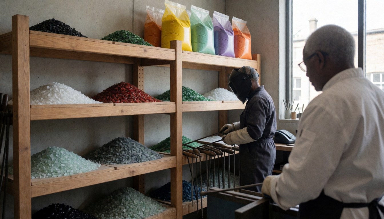 Artisan working with tools under natural light in a glassblowing workshop featuring wooden shelves, cullet glass piles, and bags of colorants.